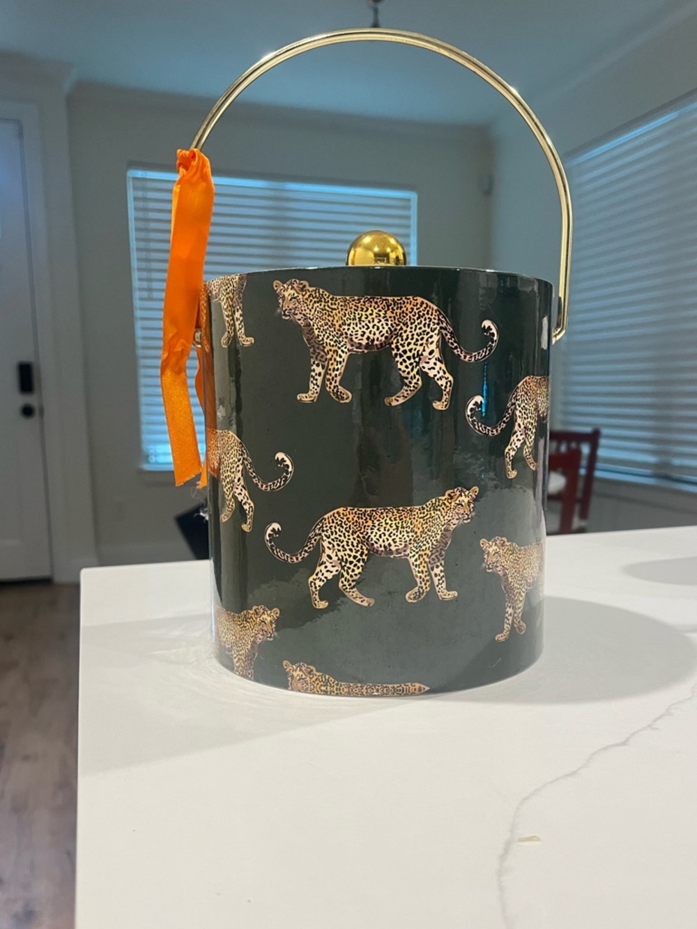Dark Green Leopard Print Ice Bucket with Gold Handle